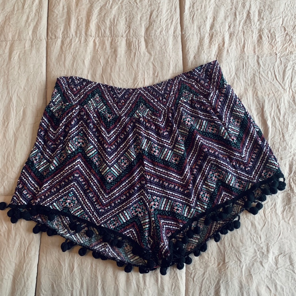 Purple and teal aztec pom-pom shorts